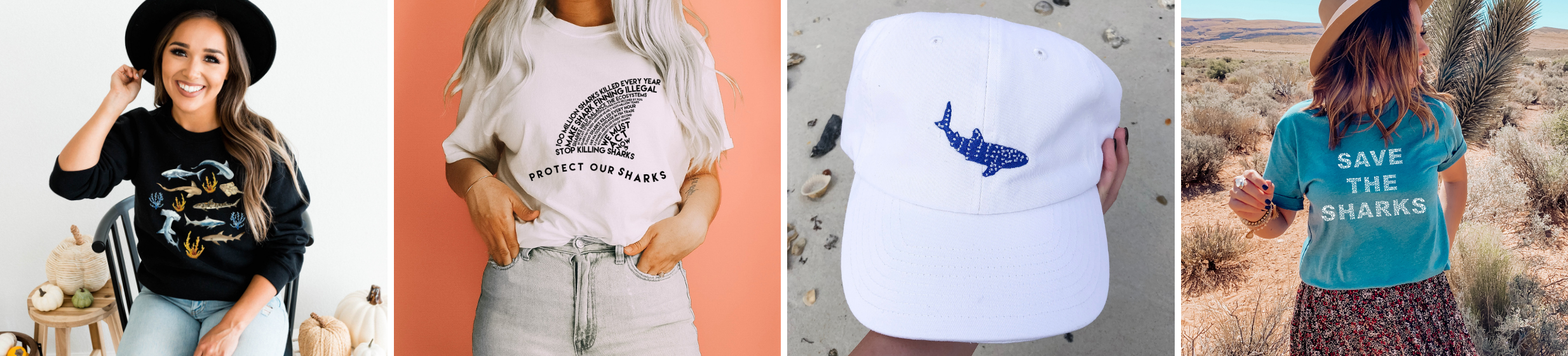 collage of sharonkornman products - woman wearing shirt with sharks, woman wearing shark fin tshirt, whale shark cotton cap, and save the sharks tshirt
