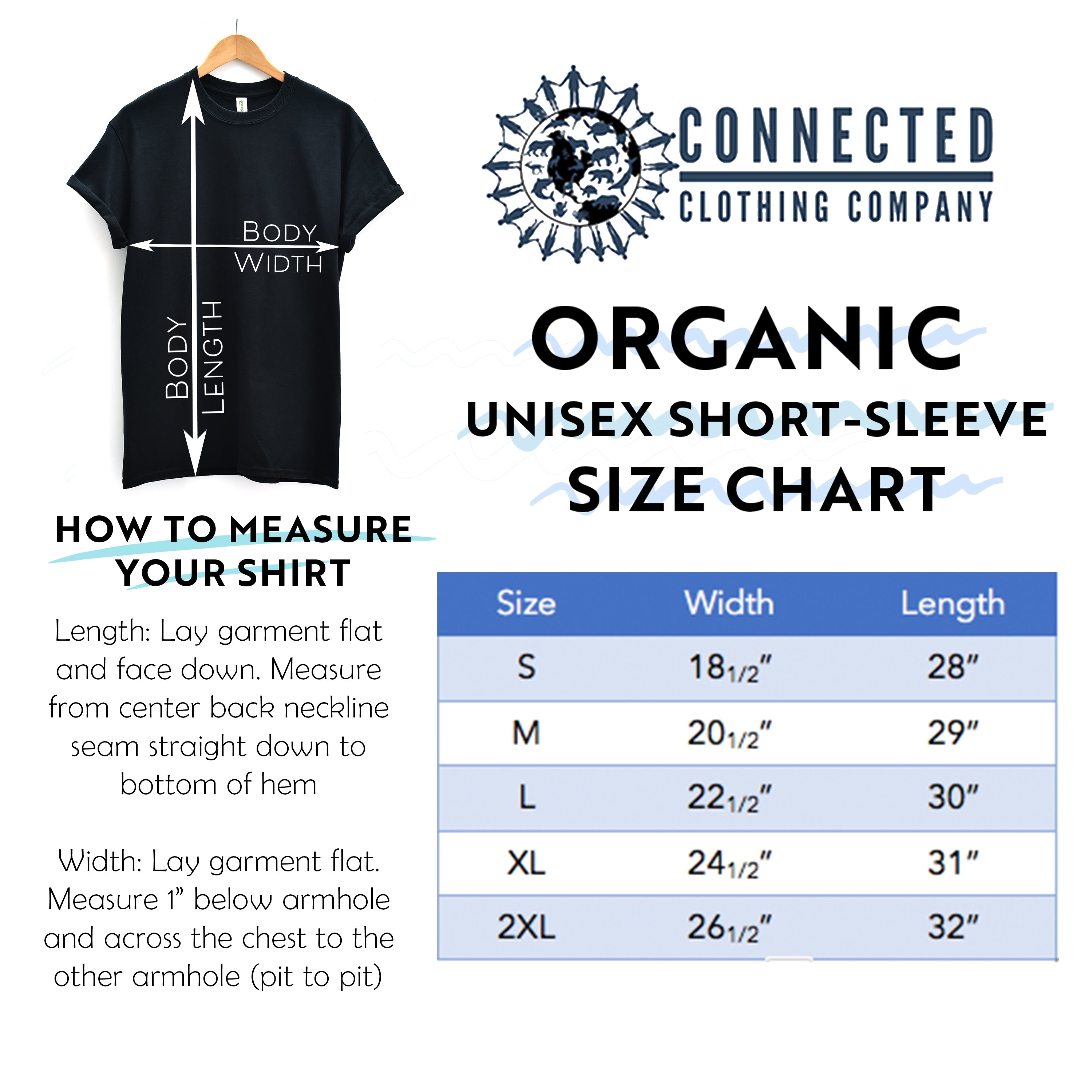 Organic Cotton Unisex Short-Sleeve Tee Size Chart - sharonkornman - Ethically and Sustainably Made - 10% donated to Mission Blue ocean conservation