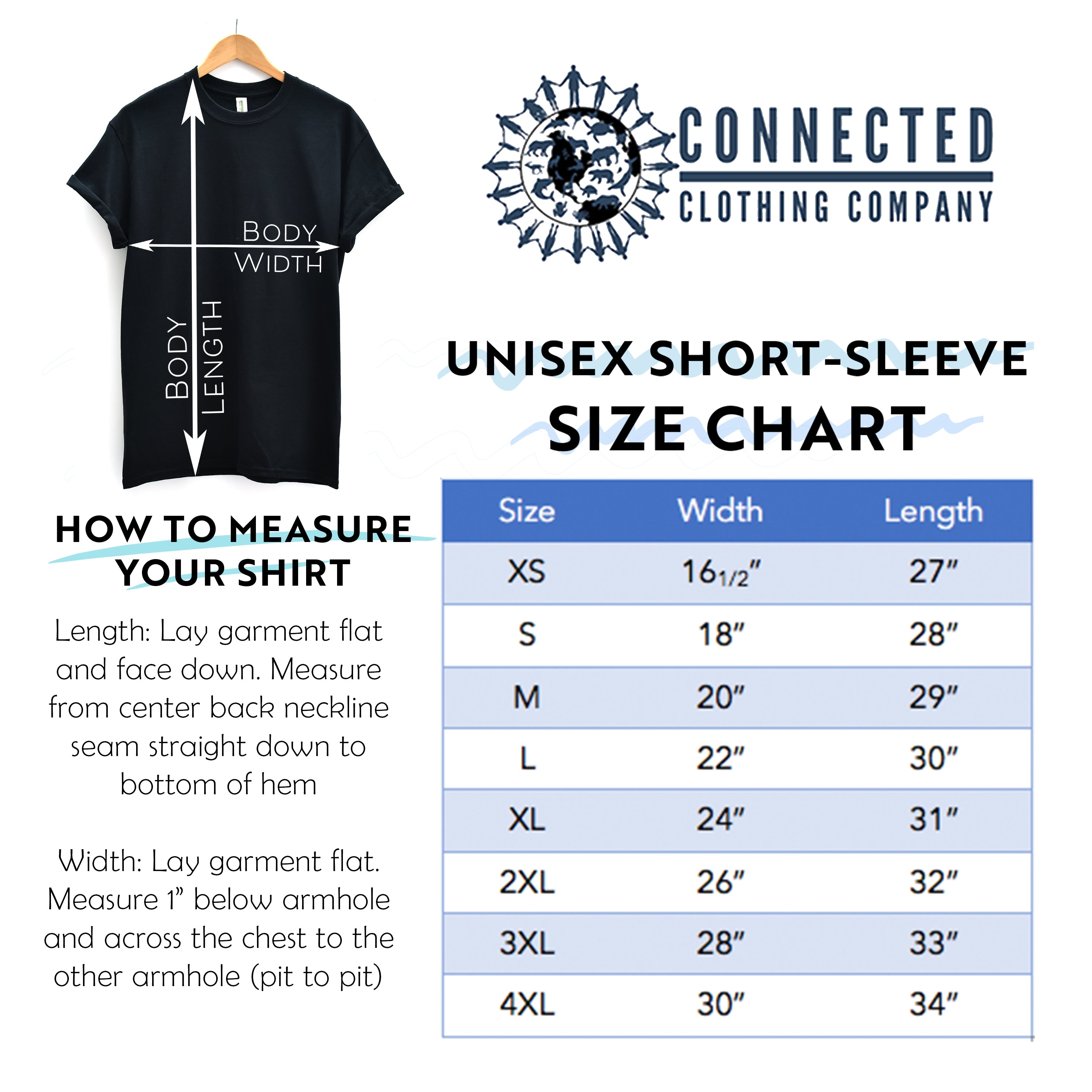 Unisex Short-Sleeve Tee Size Chart - sharonkornman - Ethically and Sustainably Made - 10% donated to Mission Blue ocean conservation